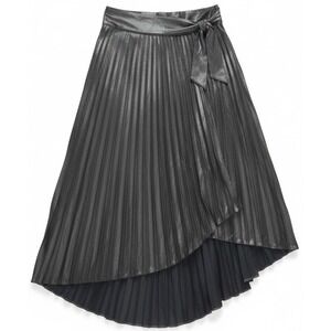 DO+BE Silver Metallic Pleated Asymmetrical Midi Skirt NWT L Party Glam Shimmer